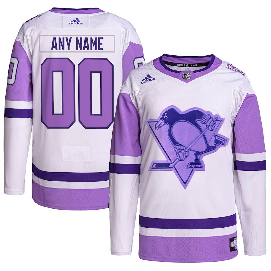 Men Pittsburgh Penguins adidas White Purple Hockey Fights Cancer Primegreen Authentic Custom NHL Jersey